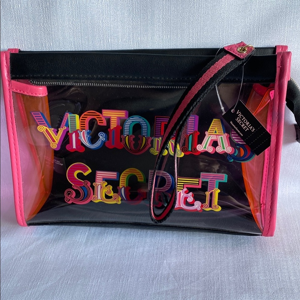 NEW Victoria Secret Clear Pink Trim Multi-Color Lettering Makeup Bag Pouch Zip